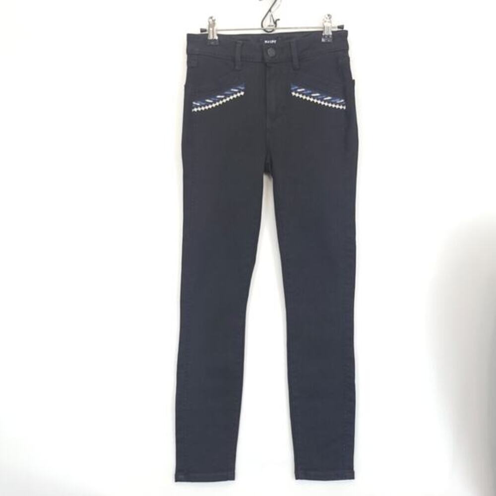 Paige Skinny Ankle Jeans Embroidered‎ Pocket Hi Rise Women 28 Black Stretch Boho